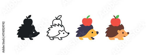 Vector icon hedgehog with same pose same proportions four styles black solid glyph outline minimal flat multicolor filled cartoon flat shaded.
