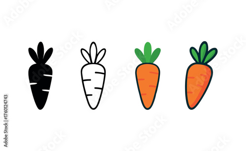 Vector icon carrot autumn same pose same proportions four styles black solid glyph outline minimal flat multicolor filled cartoon flat shaded.