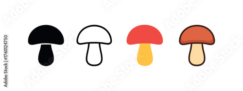 Vector icon mushroom boletus same pose same proportions four styles black solid glyph outline minimal flat multicolor filled cartoon flat shaded.