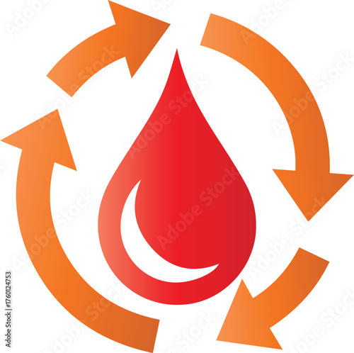 Red Blood Drop with Circular Orange Arrows Symbolizing Circulation or Recycling