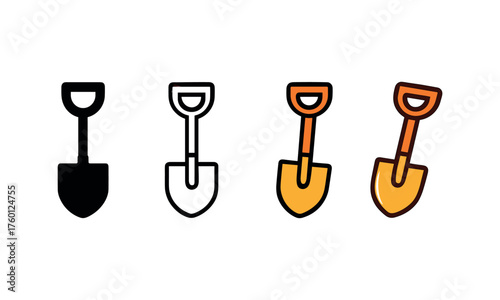 Vector icon garden shovel autumn same pose same proportions four styles black solid glyph outline minimal flat multicolor filled cartoon flat shaded.