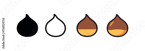 Vector icon chestnut nut same pose same proportions four styles black solid glyph outline minimal flat multicolor filled cartoon flat shaded.
