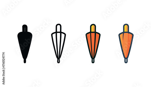 Vector icon umbrella closed autumn same pose same proportions four styles black solid glyph outline minimal flat multicolor filled cartoon flat shaded.