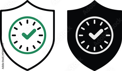 Shield with Clock and Checkmark Icons: Security, Time, and Approval Symbols