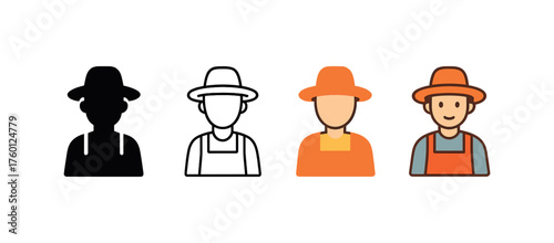 Vector icon farmer autumn same pose same proportions four styles black solid glyph outline minimal flat multicolor filled cartoon flat shaded.