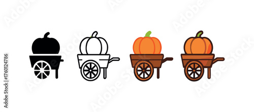 Vector icon pumpkin cart autumn same pose same proportions four styles black solid glyph outline minimal flat multicolor filled cartoon flat shaded.