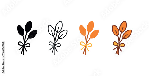Vector icon dried herbs autumn same pose same proportions four styles black solid glyph outline minimal flat multicolor filled cartoon flat shaded.