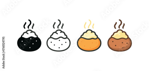Vector icon baked potato autumn same pose same proportions four styles black solid glyph outline minimal flat multicolor filled cartoon flat shaded.