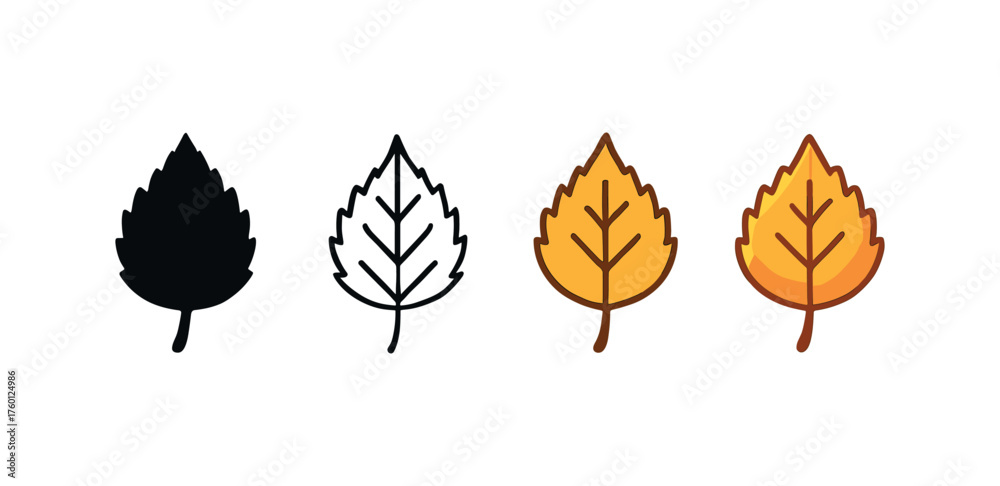 Fototapeta premium Vector icon birch leaf same pose same proportions four styles black solid glyph outline minimal flat multicolor filled cartoon flat shaded.