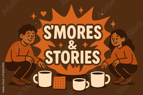mores & stories banner flat vector illustration bold oversized text inside splash explosion cartoon characters crouched by the banner pretending campfire coffee mugs and biscuits nearby.
