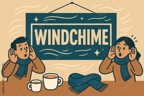 Windchime porch banner flat vector illustration bold oversized text inside rectangular frame cartoon characters cupping ears by the banner as wind moves cappuccino mugs and scarves nearby.