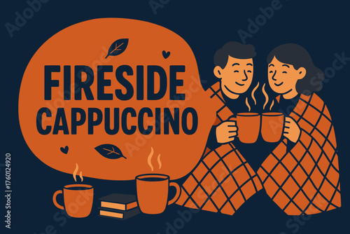 Fireside cappuccino banner flat vector illustration bold oversized text inside rounded blob cartoon characters wrapped in plaid leaning on the banner edge and clinking mugs coffee mugs and.