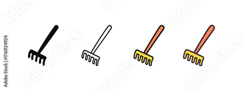 Vector icon garden rake autumn same pose same proportions four styles black solid glyph outline minimal flat multicolor filled cartoon flat shaded.