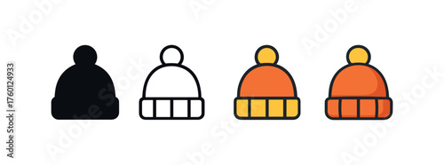 Vector icon knitted hat autumn same pose same proportions four styles black solid glyph outline minimal flat multicolor filled cartoon flat shaded.