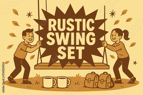 Rustic swing set banner flat vector illustration bold oversized text inside comic burst cartoon characters pushing the banner like swing backrest coffee mugs and backpacks on grass caramel.