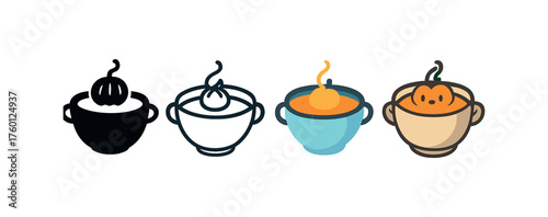 Vector icon pumpkin soup bowl same pose same proportions four styles black solid glyph outline minimal flat multicolor filled cartoon flat shaded.