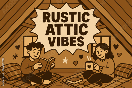 Rustic attic vibes banner flat vector illustration bold oversized text inside comic burst cartoon characters reading books and sipping cocoa by attic where banner hangs plaid blankets.