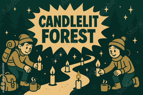 Candlelit forest banner flat vector illustration bold oversized text inside comic burst cartoon characters placing candles along the banner like path backpacks and cocoa mugs nearby dark.