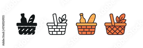 Vector icon picnic basket autumn same pose same proportions four styles black solid glyph outline minimal flat multicolor filled cartoon flat shaded.