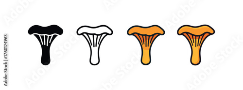 Vector icon mushroom chanterelle same pose same proportions four styles black solid glyph outline minimal flat multicolor filled cartoon flat shaded.