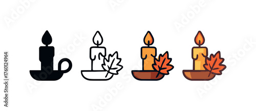 Vector icon autumn candle holder same pose same proportions four styles black solid glyph outline minimal flat multicolor filled cartoon flat shaded.