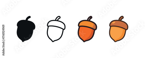 Vector icon acorn oak same pose same proportions four styles black solid glyph outline minimal flat multicolor filled cartoon flat shaded.