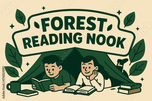 Forest reading nook banner flat vector illustration bold oversized text inside outline cartoon characters lying under banner stretched like tent roof books and mugs scattered green and.