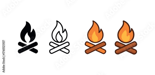 Vector icon campfire autumn same pose same proportions four styles black solid glyph outline minimal flat multicolor filled cartoon flat shaded.