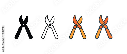 Vector icon pruning shears autumn same pose same proportions four styles black solid glyph outline minimal flat multicolor filled cartoon flat shaded.