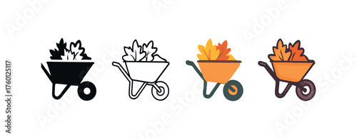 Vector icon wheelbarrow autumn same pose same proportions four styles black solid glyph outline minimal flat multicolor filled cartoon flat shaded.