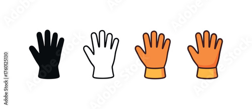 Vector icon garden gloves autumn same pose same proportions four styles black solid glyph outline minimal flat multicolor filled cartoon flat shaded.