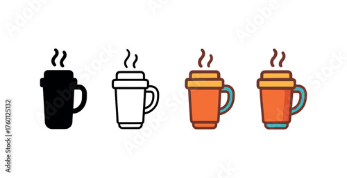 Vector icon thermos cup with same pose same proportions four styles black solid glyph outline minimal flat multicolor filled cartoon flat shaded.