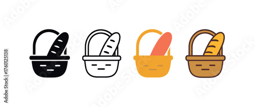 Vector icon autumn basket bread same pose same proportions four styles black solid glyph outline minimal flat multicolor filled cartoon flat shaded.