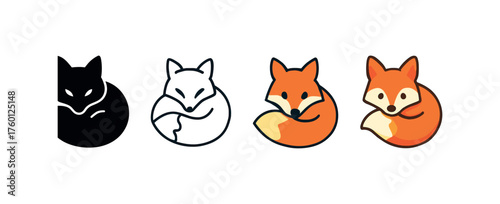 Vector icon fox curled up autumn same pose same proportions four styles black solid glyph outline minimal flat multicolor filled cartoon flat shaded.