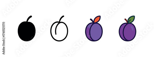 Vector icon plum autumn same pose same proportions four styles black solid glyph outline minimal flat multicolor filled cartoon flat shaded.
