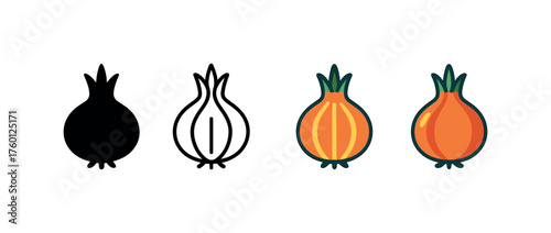 Vector icon onion autumn same pose same proportions four styles black solid glyph outline minimal flat multicolor filled cartoon flat shaded.