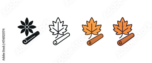 Vector icon seasonal spices autumn same pose same proportions four styles black solid glyph outline minimal flat multicolor filled cartoon flat shaded.