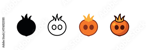 Vector icon medlar fruit autumn same pose same proportions four styles black solid glyph outline minimal flat multicolor filled cartoon flat shaded.