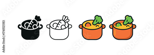 Vector icon vegetable stew pot same pose same proportions four styles black solid glyph outline minimal flat multicolor filled cartoon flat shaded.