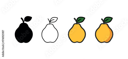 Vector icon quince autumn same pose same proportions four styles black solid glyph outline minimal flat multicolor filled cartoon flat shaded.