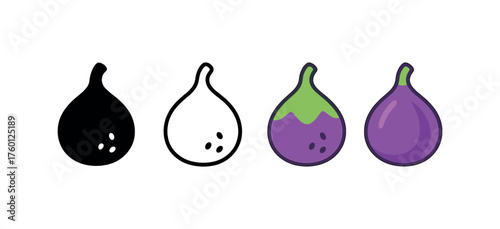 Vector icon fig autumn same pose same proportions four styles black solid glyph outline minimal flat multicolor filled cartoon flat shaded.