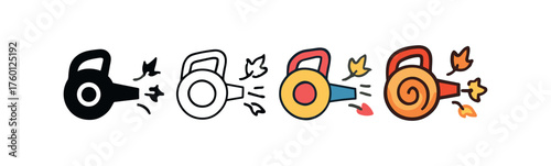 Vector icon leaf blower autumn same pose same proportions four styles black solid glyph outline minimal flat multicolor filled cartoon flat shaded.