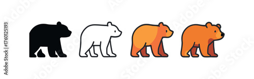 icon bear silhouette autumn same pose same proportions four styles black solid glyph outline minimal flat multicolor filled cartoon flat shaded.