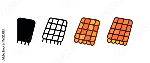 icon plaid picnic blanket autumn same pose same proportions four styles black solid glyph outline minimal flat multicolor filled cartoon flat shaded.