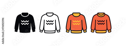 Vector icon wool sweater autumn same pose same proportions four styles black solid glyph outline minimal flat multicolor filled cartoon flat shaded.