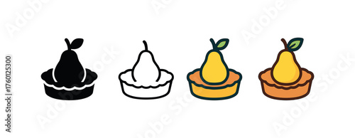 Vector icon pear tart autumn same pose same proportions four styles black solid glyph outline minimal flat multicolor filled cartoon flat shaded.