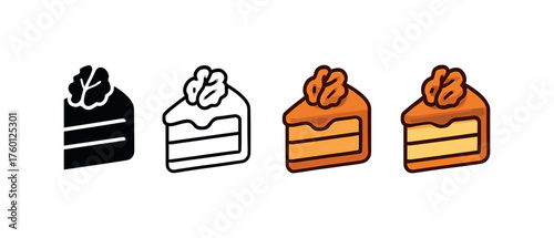 Vector icon walnut cake autumn same pose same proportions four styles black solid glyph outline minimal flat multicolor filled cartoon flat shaded.