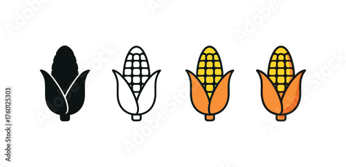Vector icon roasted corn cob autumn same pose same proportions four styles black solid glyph outline minimal flat multicolor filled cartoon flat shaded.
