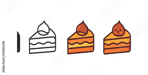 Vector icon chestnut cake autumn same pose same proportions four styles black solid glyph outline minimal flat multicolor filled cartoon flat shaded.