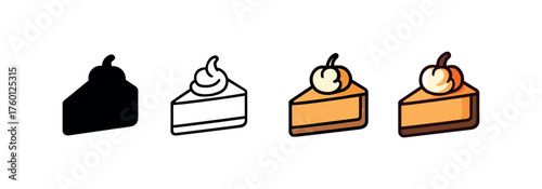 Vector icon pumpkin cheesecake autumn same pose same proportions four styles black solid glyph outline minimal flat multicolor filled cartoon flat shaded.